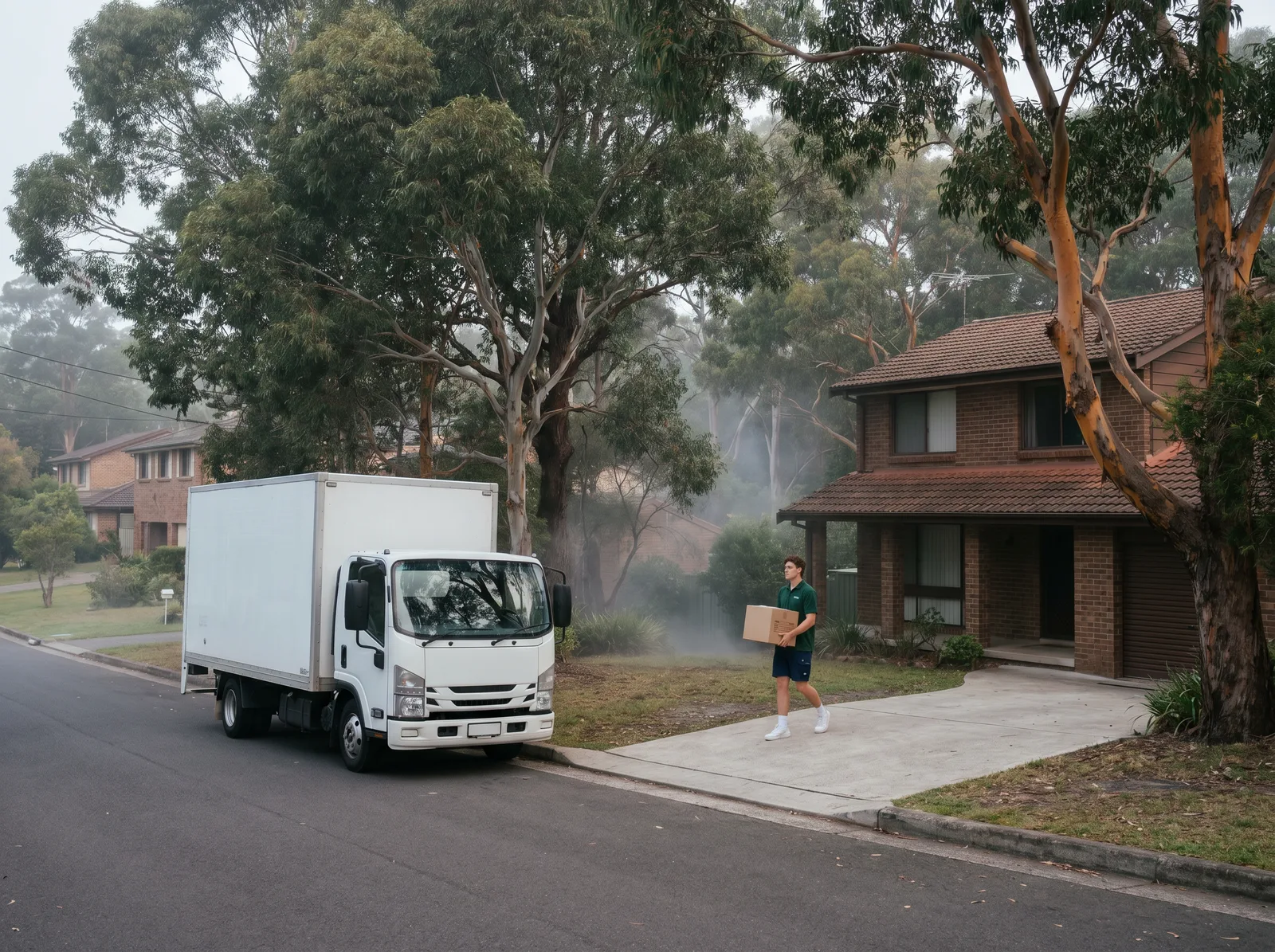 A removals truck at the kerb of a leafy brick-and-tile street while a removalist carries a carton up the driveway