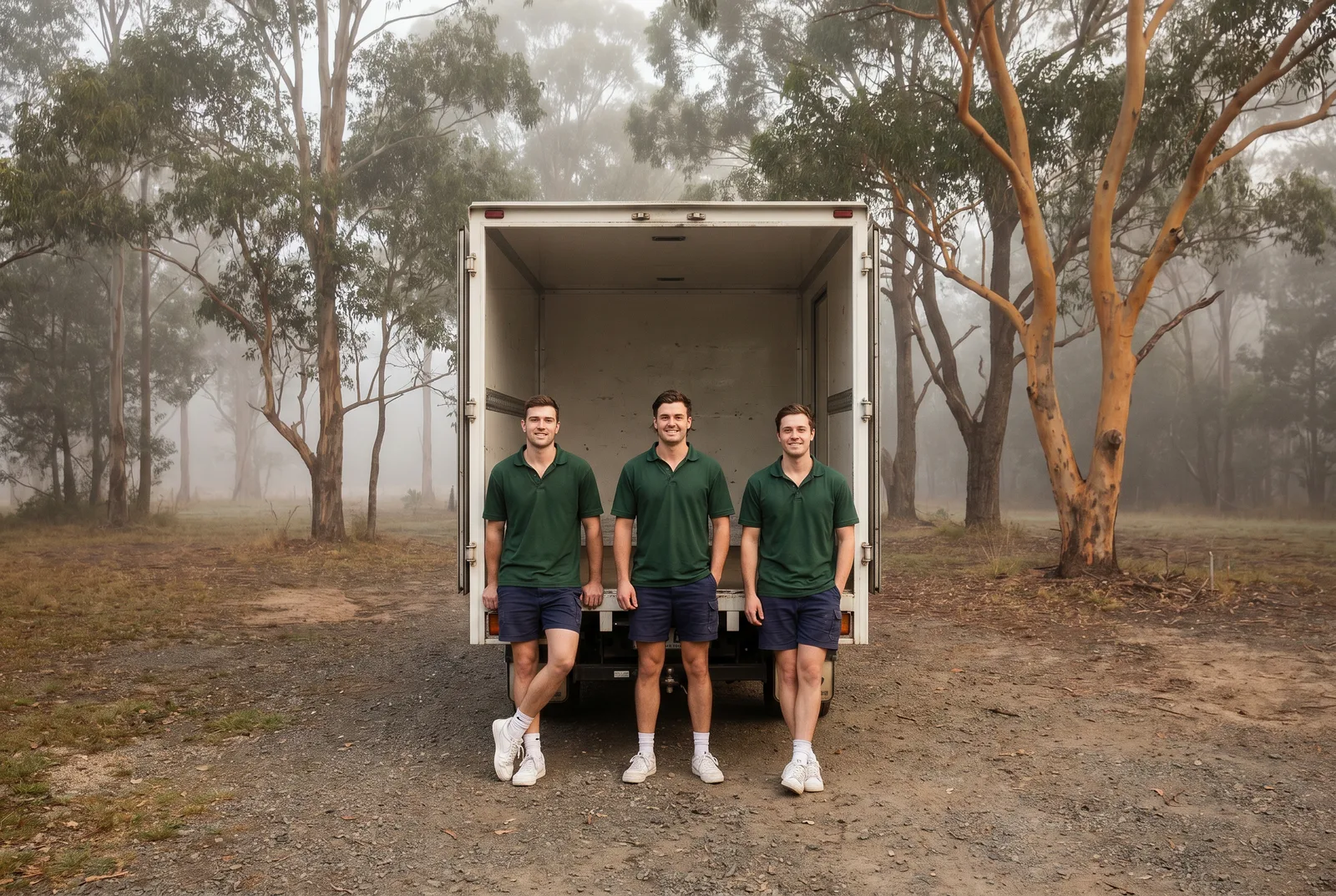 Three young removalists in green polo shirts standing at the open rear of a moving truck among gum trees and morning fog