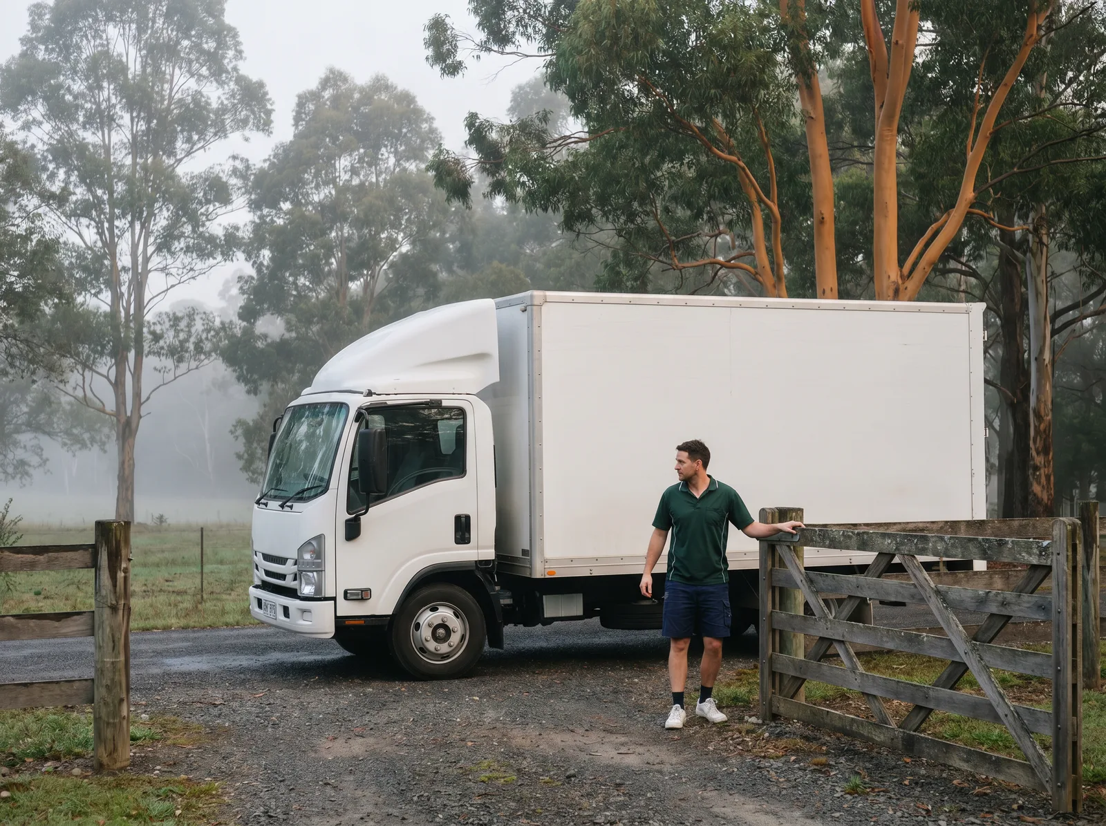 A removalist checking a timber farm gate against the width of the truck waiting on the gravel drive