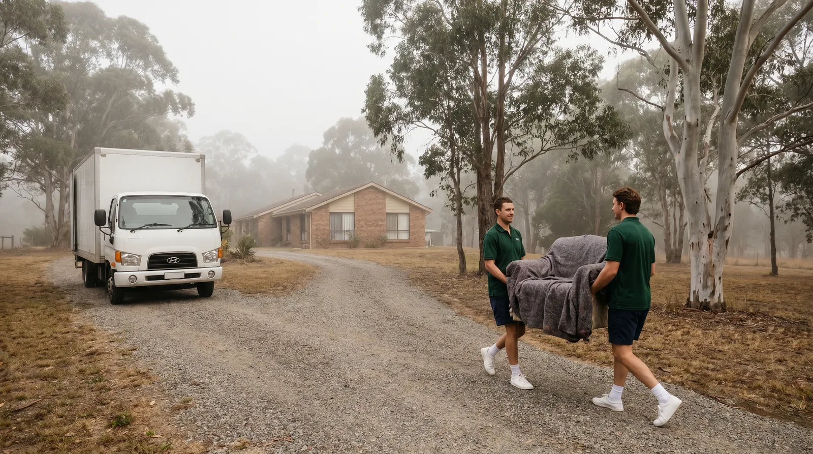 Two removalists carrying a blanket-wrapped armchair along a long gravel driveway toward a truck parked well back from the house