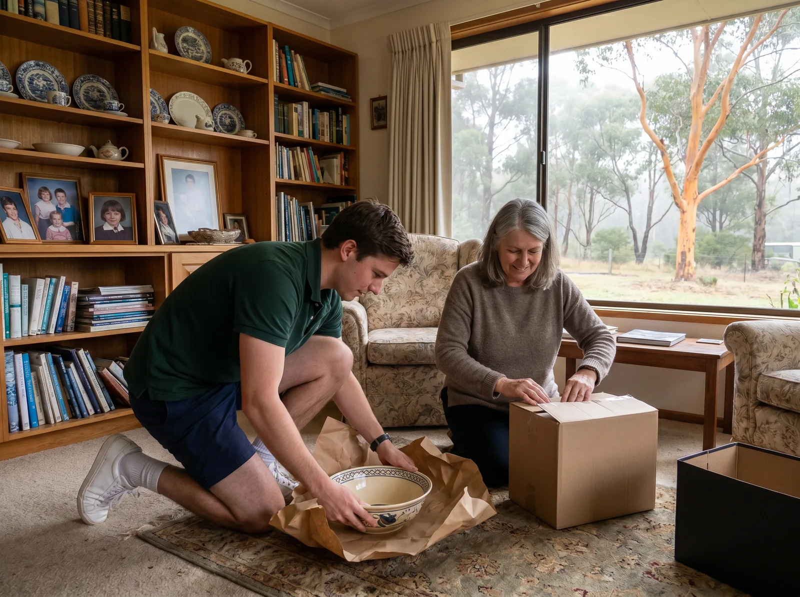 A removalist wrapping a bowl in paper while the home owner folds a carton closed in a lived-in living room