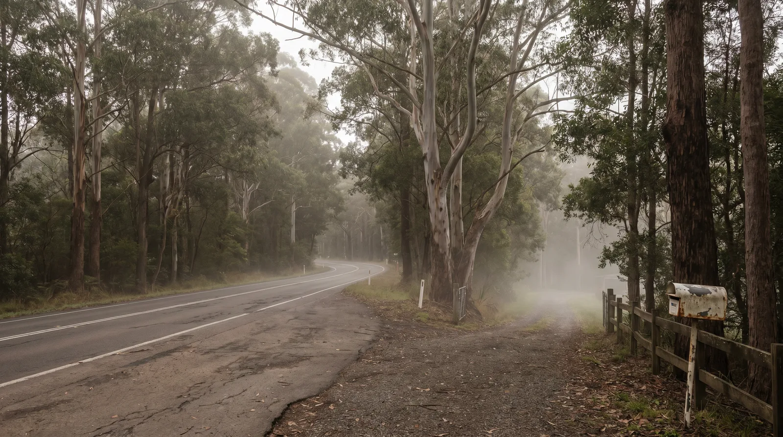 A quiet plateau road curving through tall eucalypt forest with a gravel driveway entrance to one side