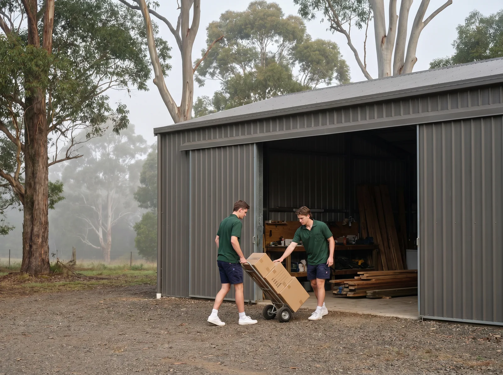 A removalist wheeling a loaded hand trolley out of a big steel shed while another steadies the cartons