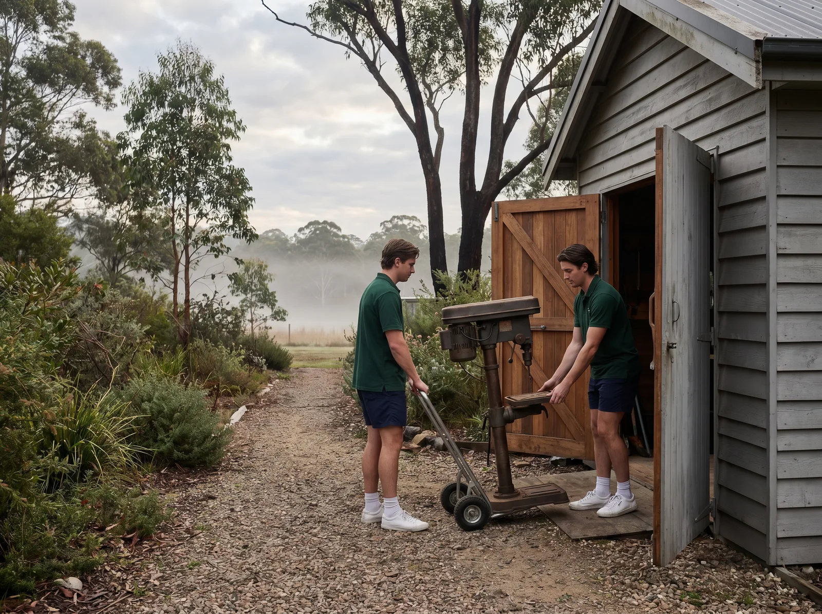 Two removalists easing a drill press onto a hand trolley at the doorway of a backyard studio workshop